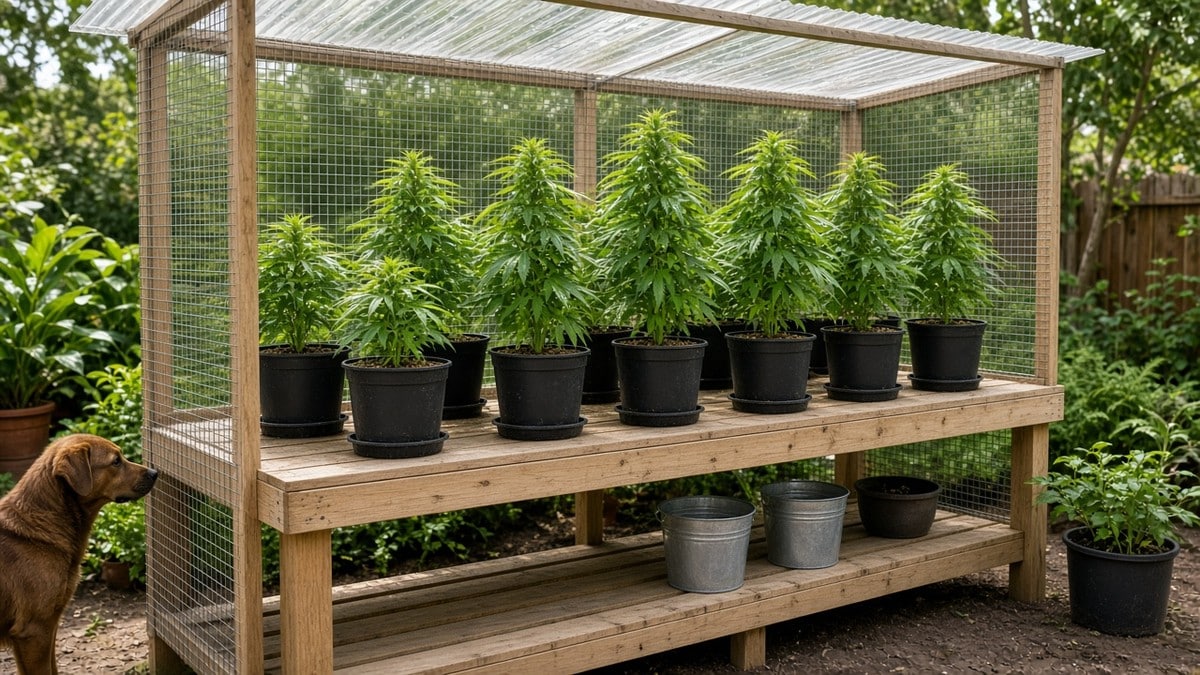 Cannabis pots raised on a screened garden bench away from pets.