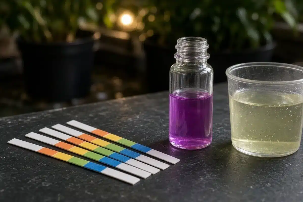 pH test strips or drop kit color chart next to runoff cup