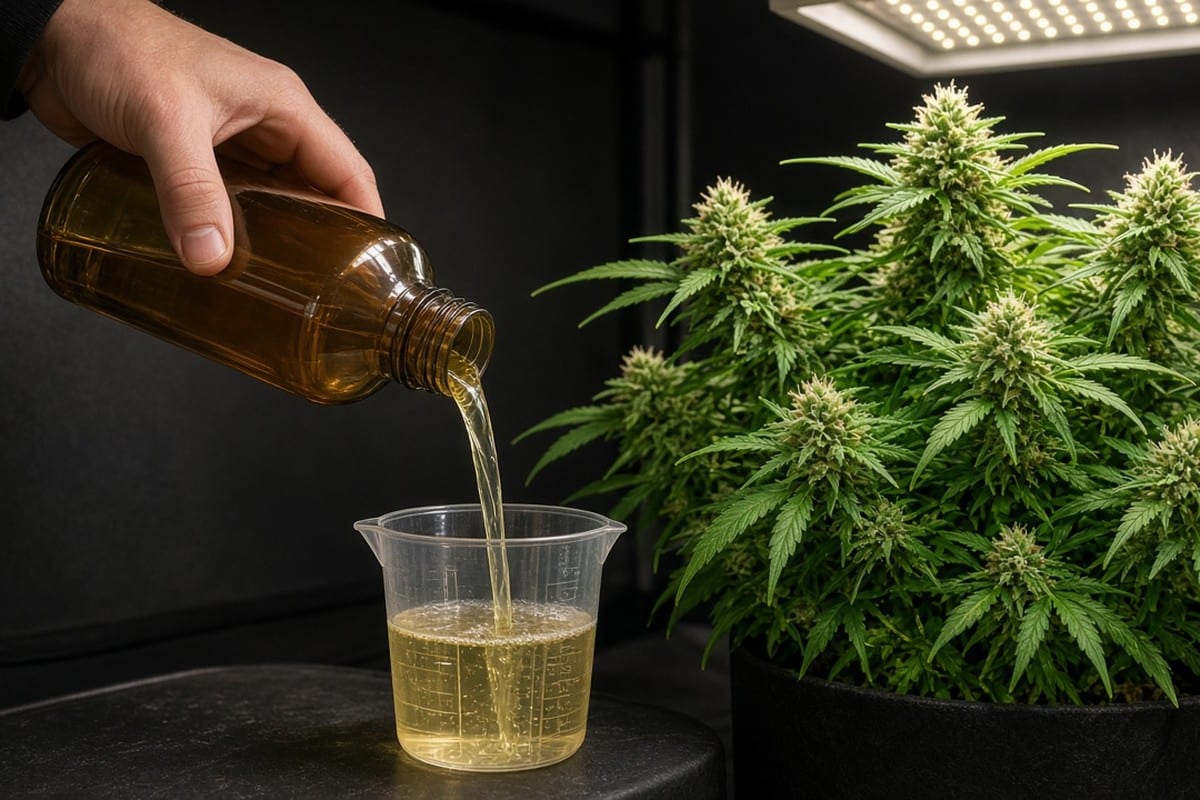 Healthy flowering plant being fed bloom nutrients