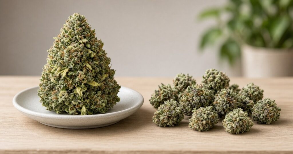 Dense cannabis cola compared with small popcorn buds