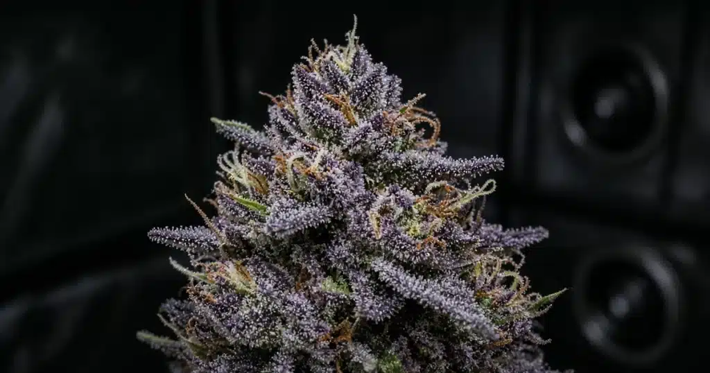 Macro of a frosty violet and green cannabis flower in a dark grow tent