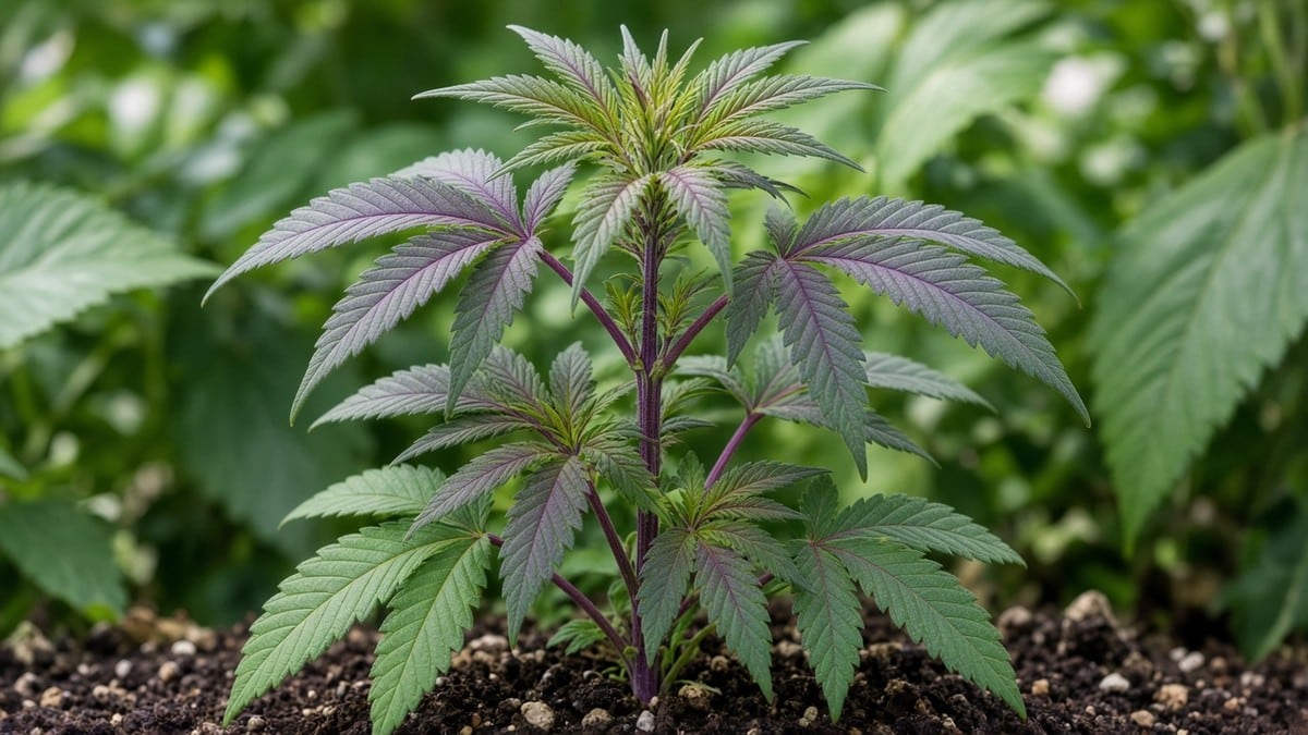 Young cannabis plant showing purple-tinted stems and green canopy.