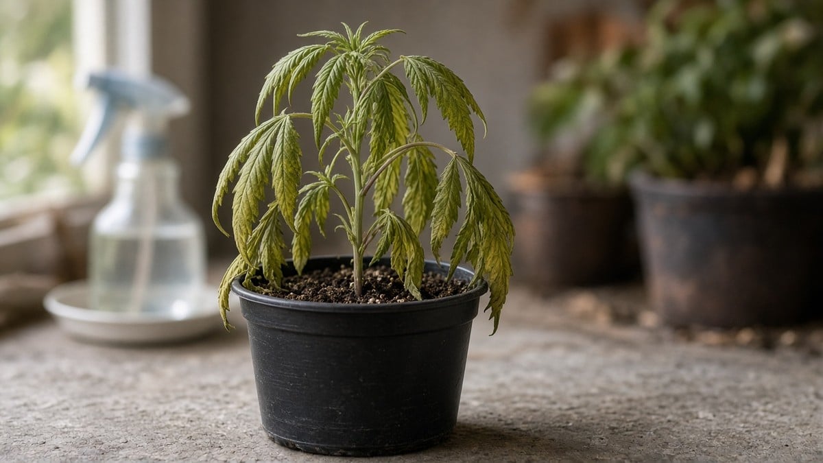 Wilted stressed cannabis plant in a pot.