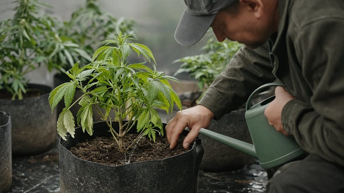Grower carefully watering a recovering cannabis plant.