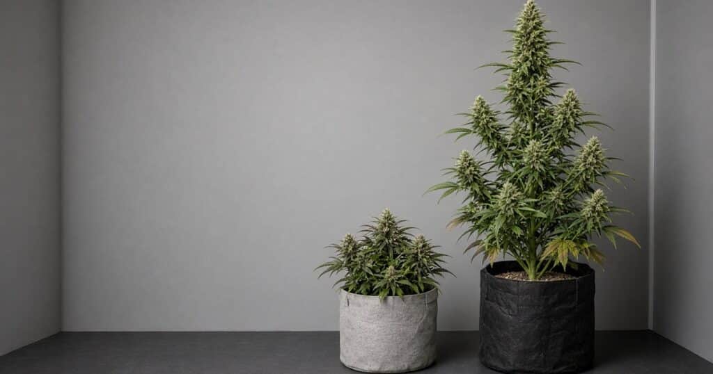 Tall photoperiod cannabis plant beside a compact autoflower