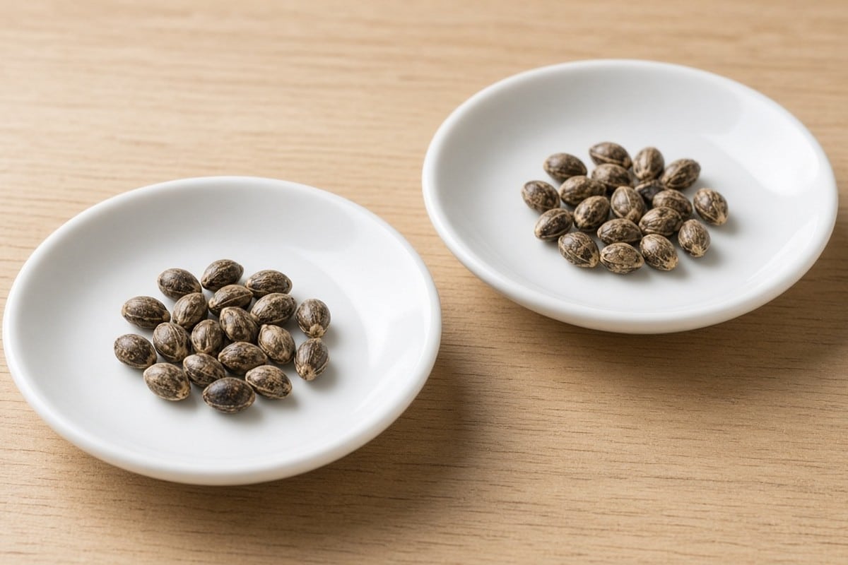 Two groups of cannabis seeds side by side