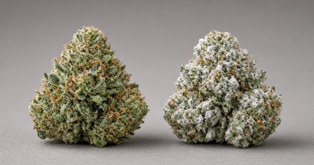 Healthy vs moldy cannabis bud comparison (clear, not gross-out)