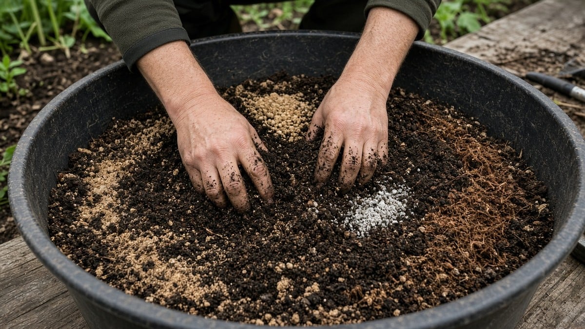 Hands mixing soil amendments in a large tub.