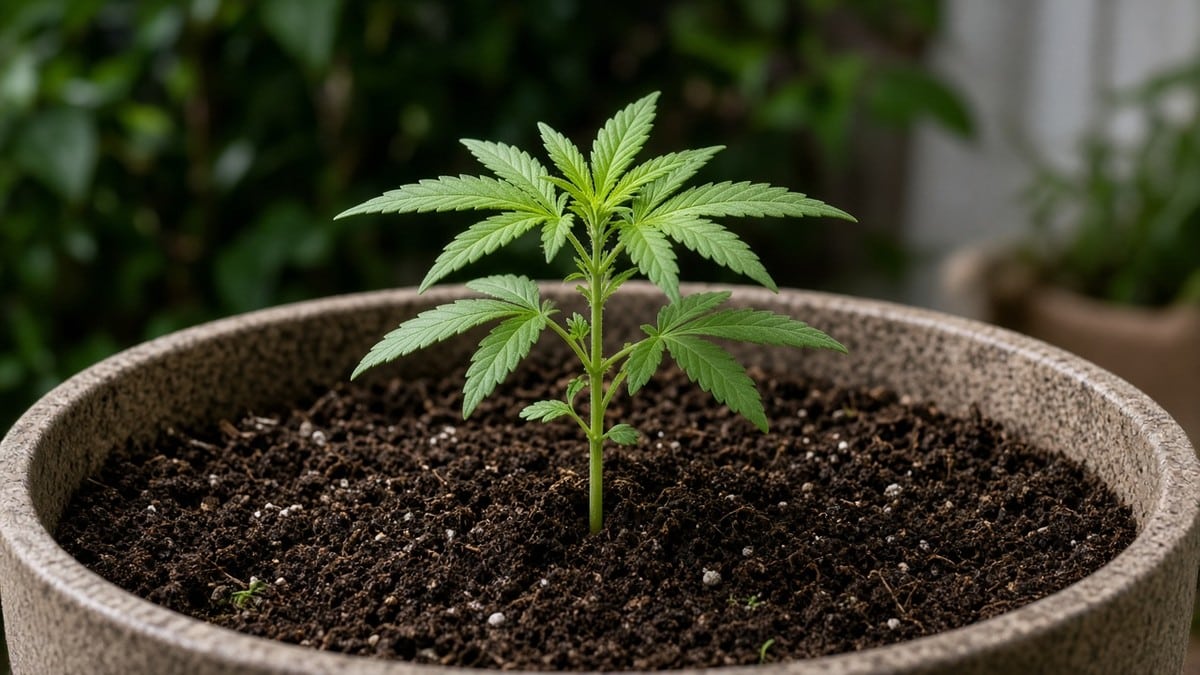 Young cannabis seedling in a pot of rich living soil.