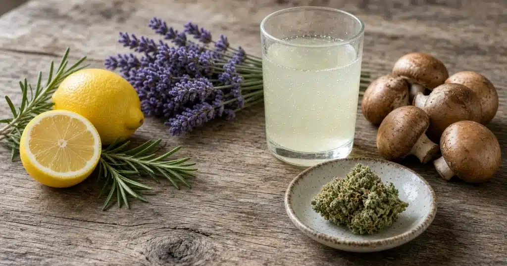 Lemons, rosemary, lavender, mushrooms, sparkling lemonade and a small dish of cannabis flower on a wooden table