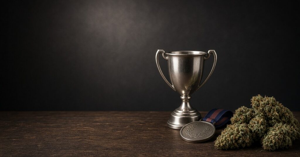 International cannabis competition trophy and craft flower aesthetic