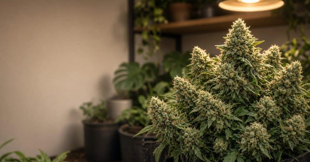 Calm indoor cannabis garden with dense indica-leaning buds