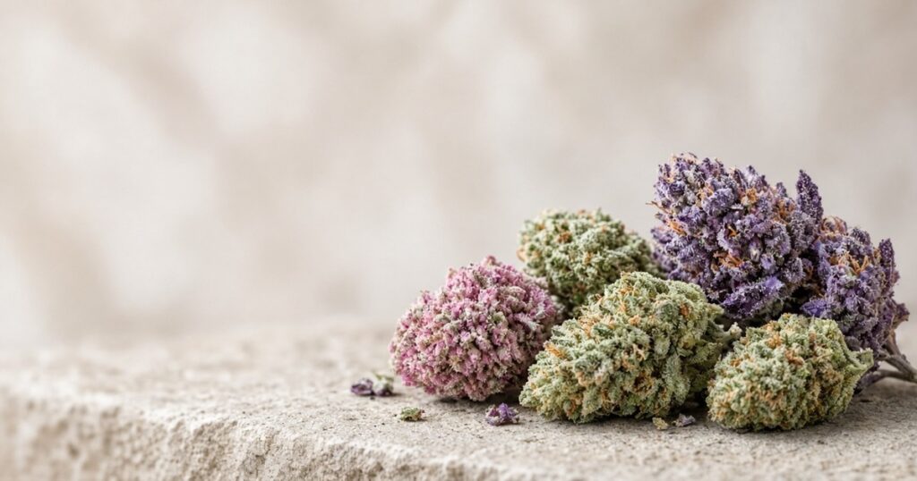 Colorful exotic cannabis buds collage for Kind Seed Co strain guide