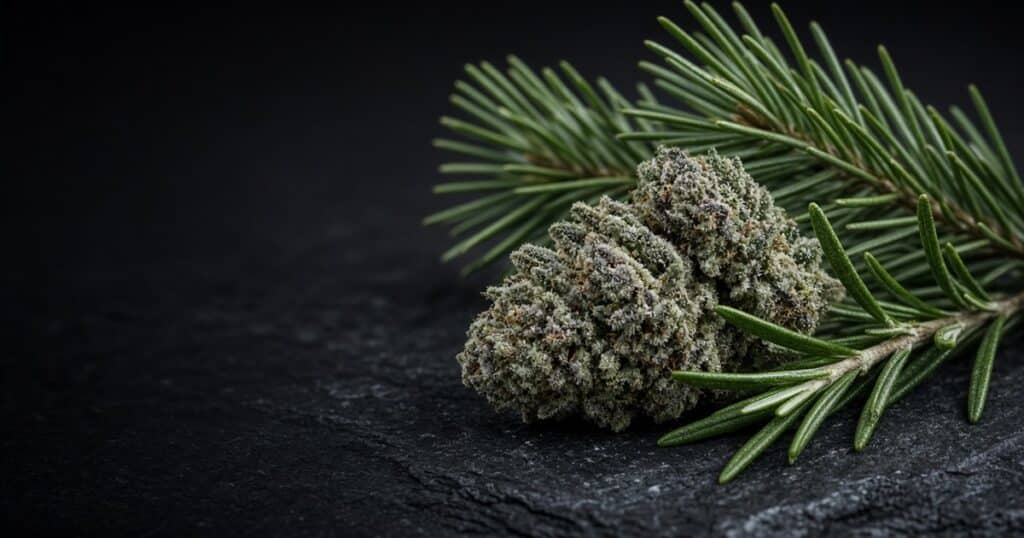 Pine branch and rosemary sprig beside a frosty cannabis bud