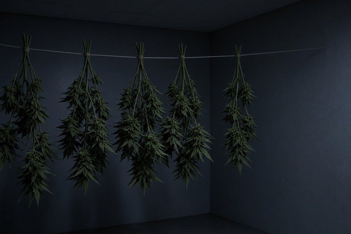 Slow-dry hanging branches in a dark, cool room