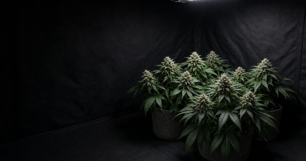 Compact, dense indica autoflower plants in a small tent