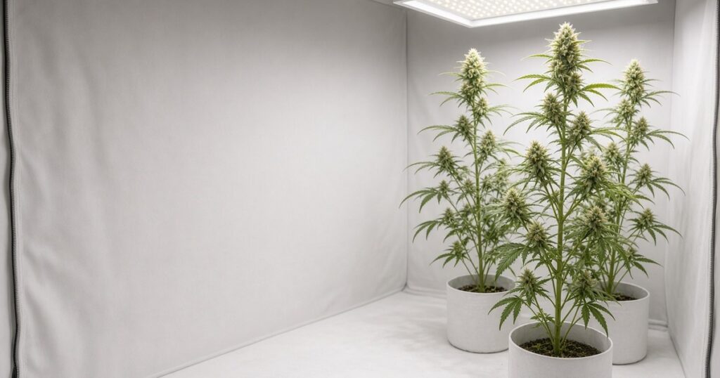 Bright, airy sativa autoflower plants in a tent under full-spectrum light