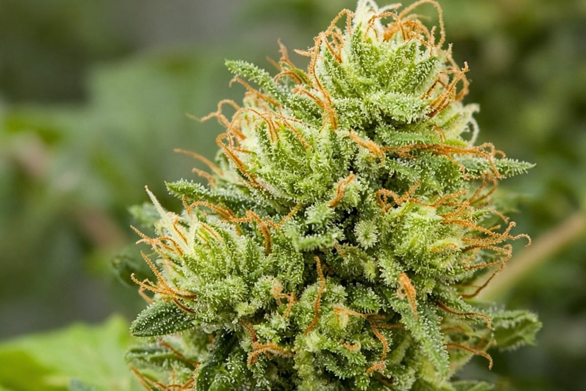 Close-up of citrus-toned sativa auto bud with orange pistils