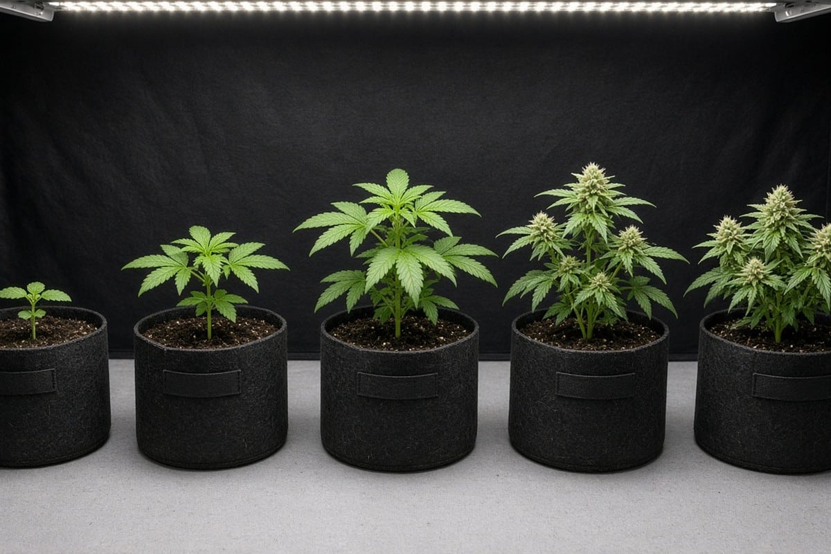 Row of small auto plants at different ages showing speed from seed to flower
