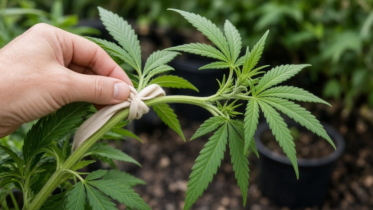 Soft tie bending a cannabis branch for low-stress training.
