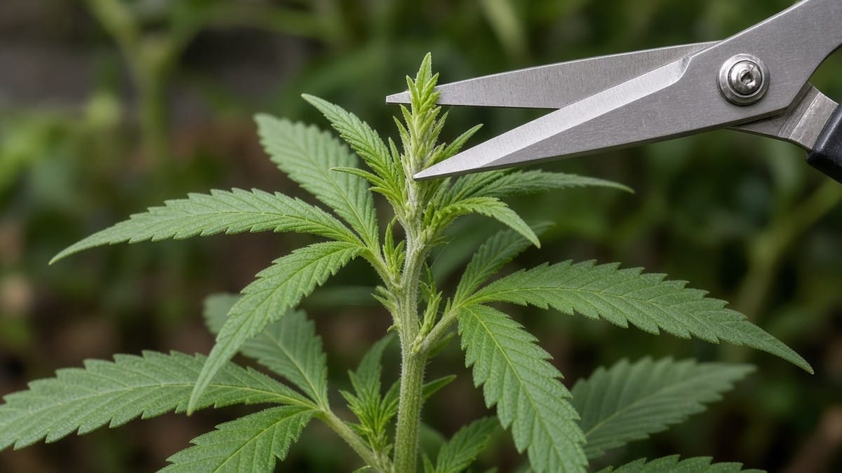 Scissors topping the apical tip of a young cannabis plant.