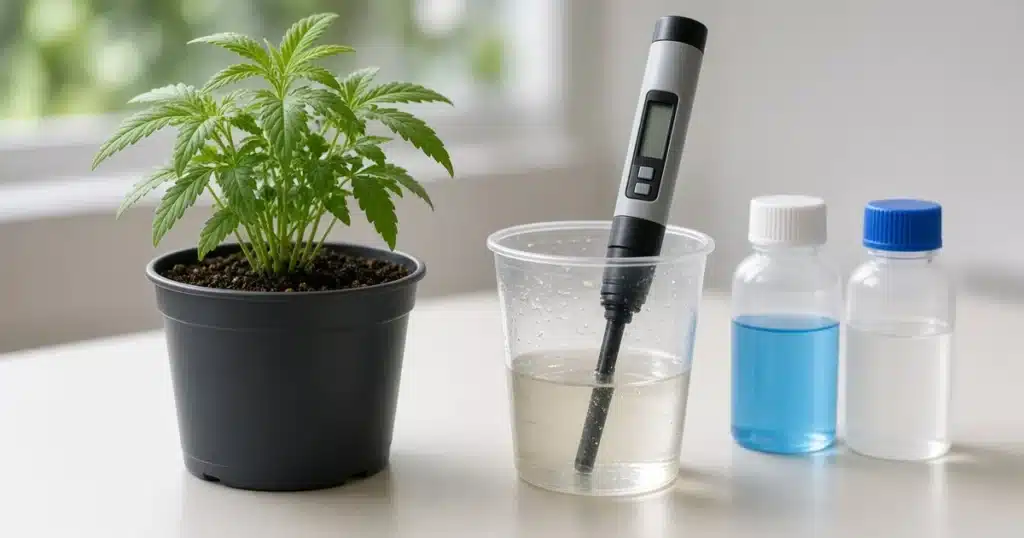 Potted cannabis plant beside a cup of runoff water with a pH pen and two calibration solution bottles