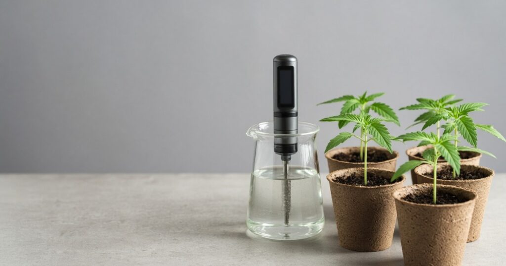 Digital pH pen in a nutrient solution beside young cannabis plants
