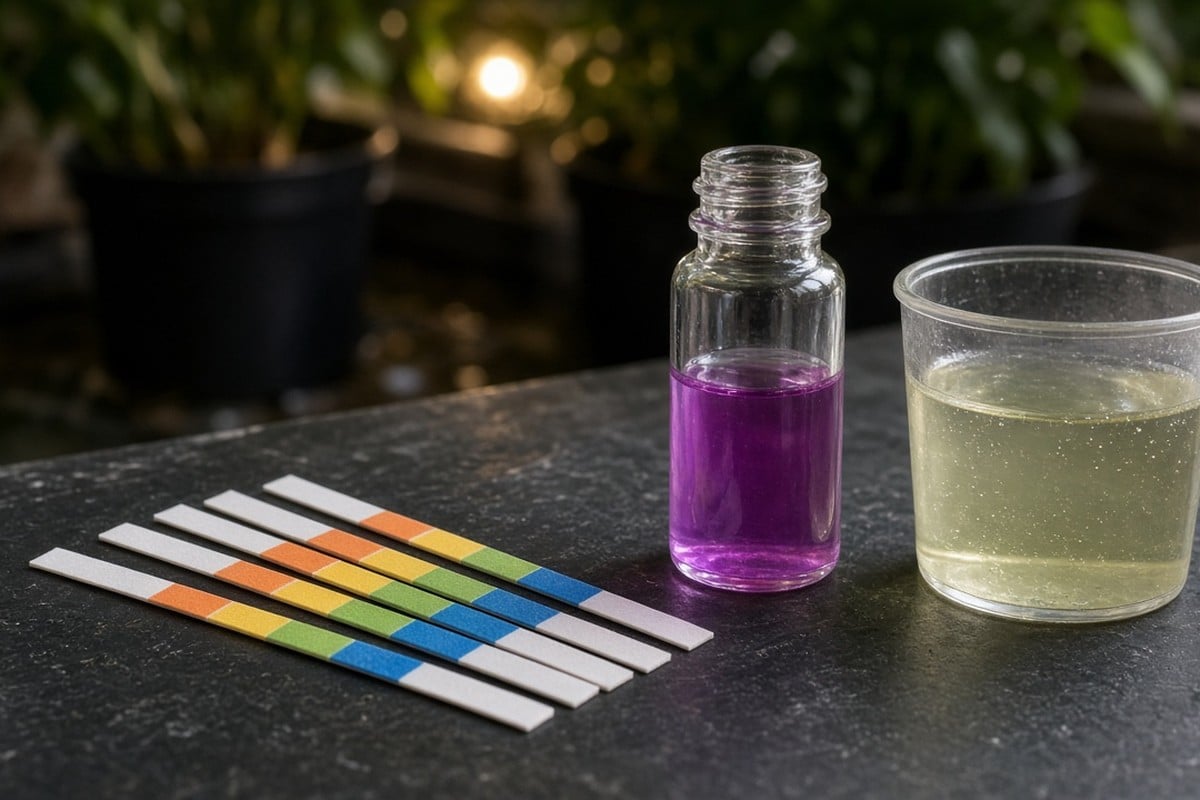pH test strips or drop kit color chart next to runoff cup