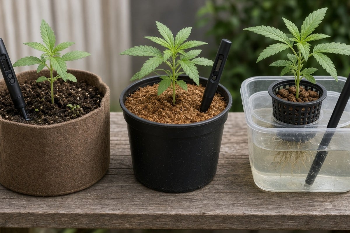 Soil, coco and hydro setups each tested with a pH pen