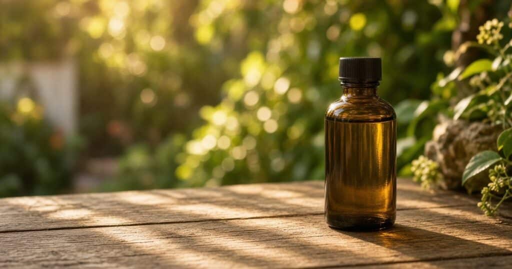 Hemp seed oil bottle with sun/outdoor aesthetic (no SPF badge)