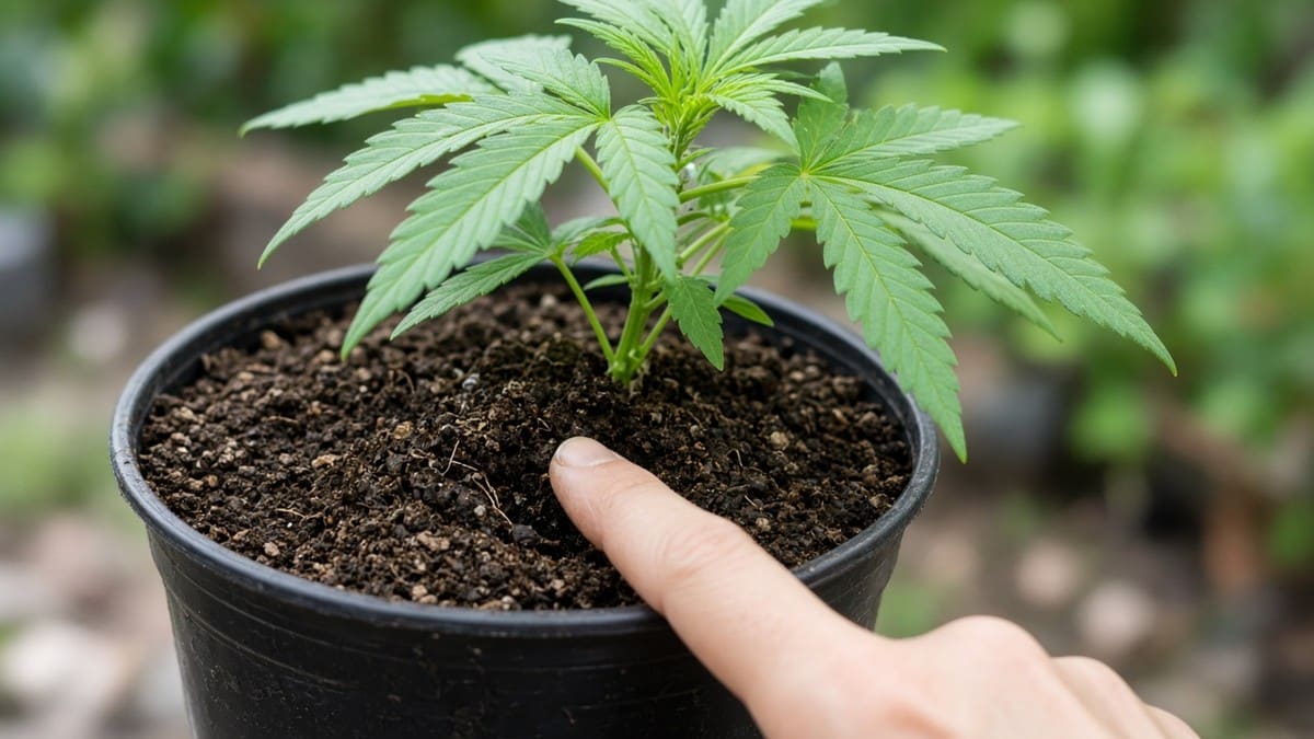 Finger checking soil moisture in a cannabis pot.