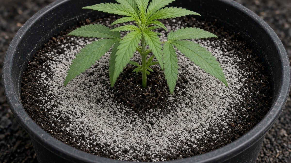 Thin ring of grey ash amendment on potting soil around a young cannabis plant.