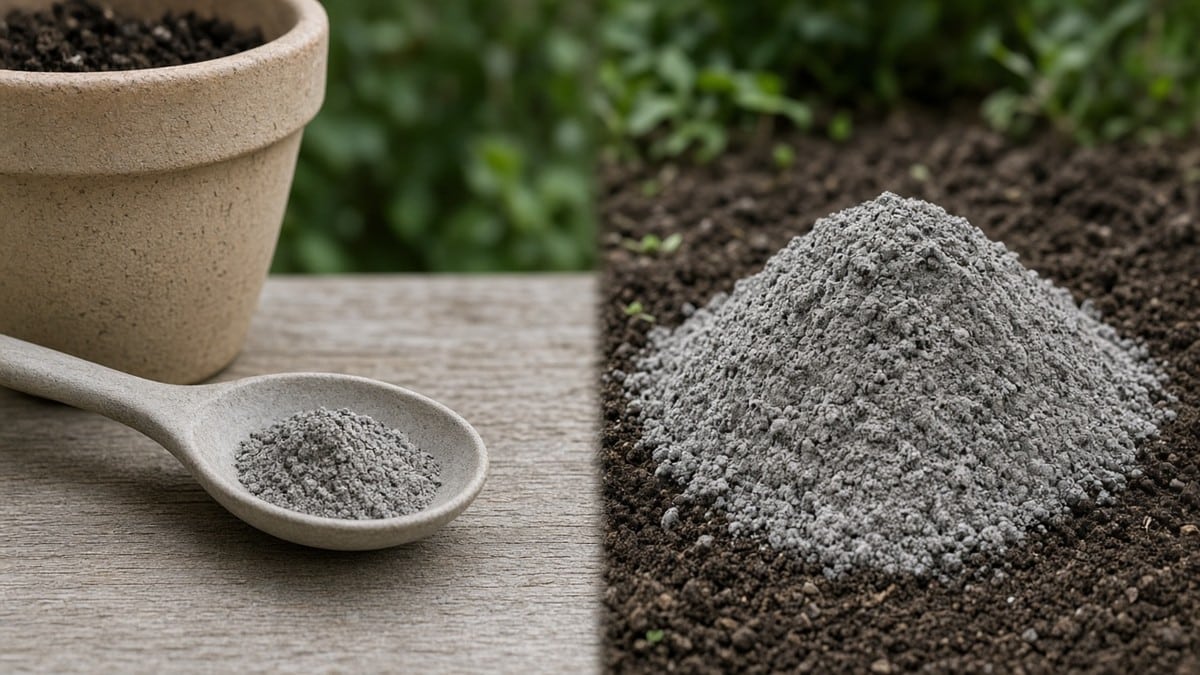 Split view of a small measured spoon of ash versus a large dumped ash pile on soil.