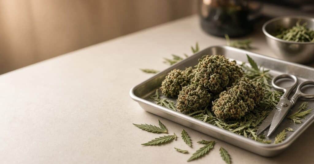 Cannabis trim station with scissors and buds