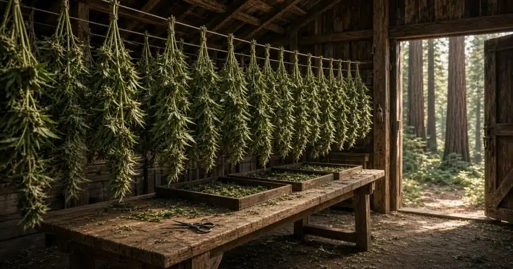 Cannabis branches drying in a wooden barn above a trimming table, with redwoods outside the door