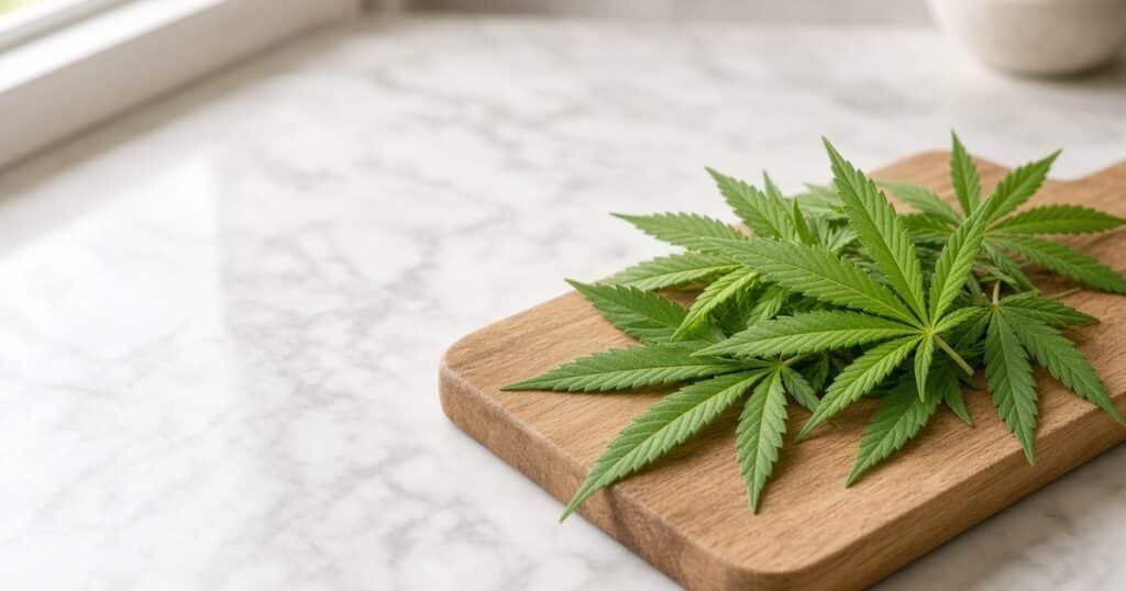 Fresh raw cannabis leaves prepared for educational culinary context