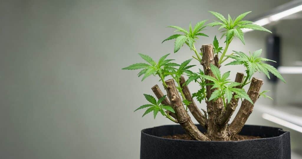 Cannabis plant with fresh vegetative shoots after harvest