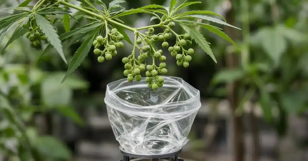 Male cannabis branch with clusters of green pollen sacs above an open plastic bag