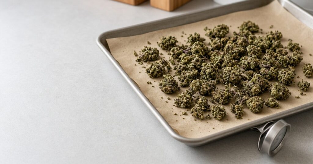 Coarsely broken cannabis spread on a parchment-lined baking sheet beside an oven thermometer