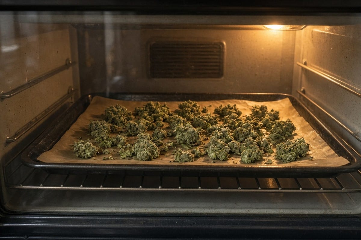Tray of cannabis in the oven for decarboxylation