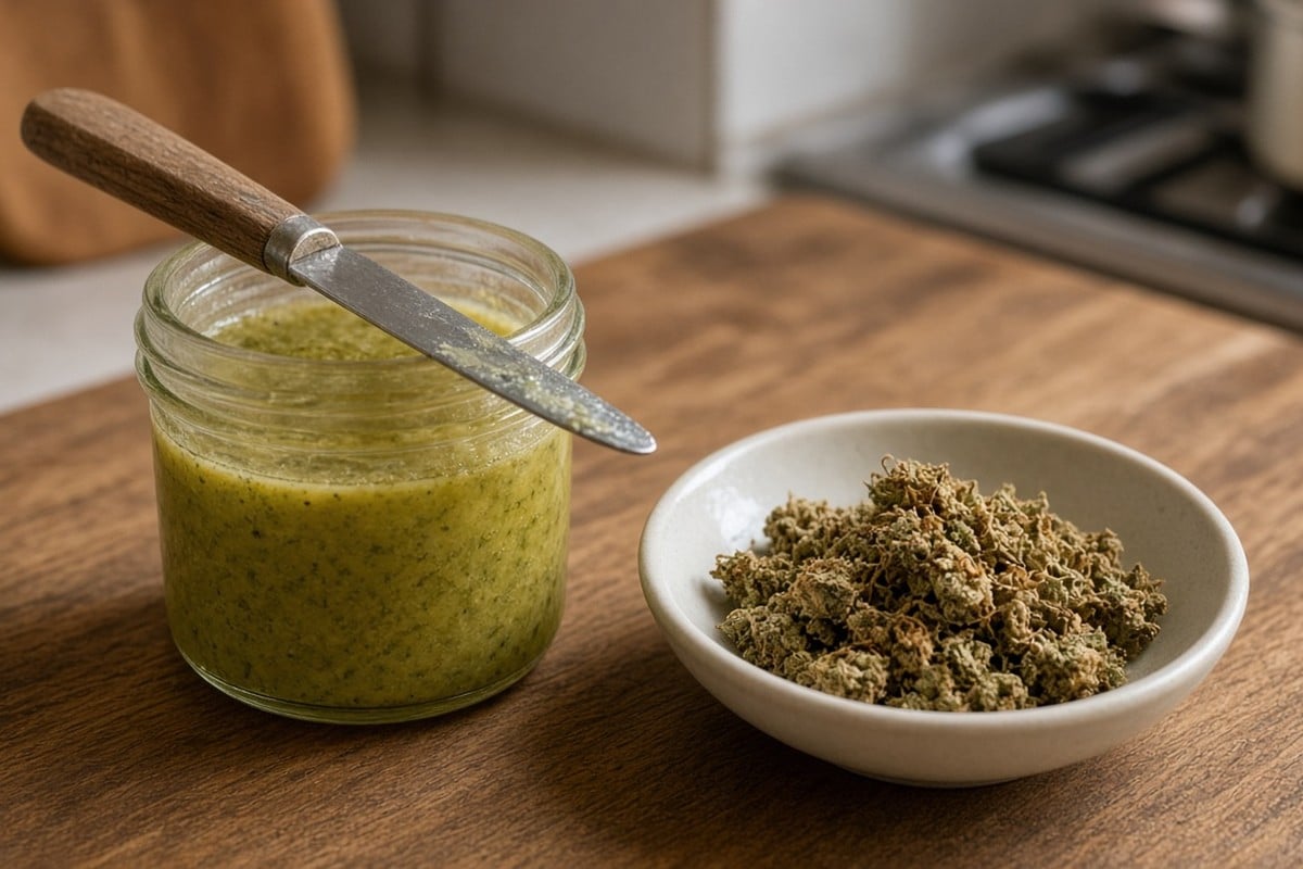 Jar of golden cannabutter next to decarbed flower