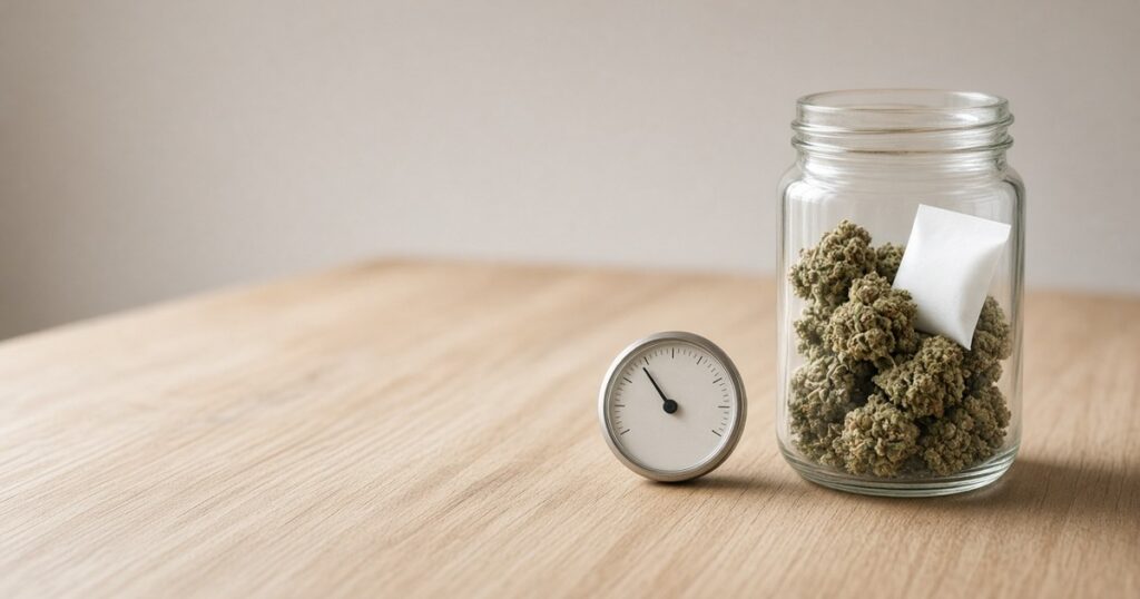 Glass jar of cannabis buds with a humidity pack and a hygrometer