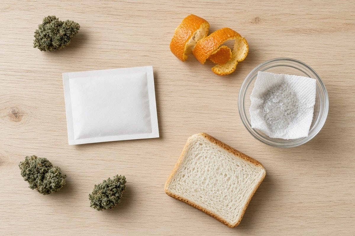 Humidity pack, orange peel, damp paper towel and bread slice laid out for rehydrating cannabis