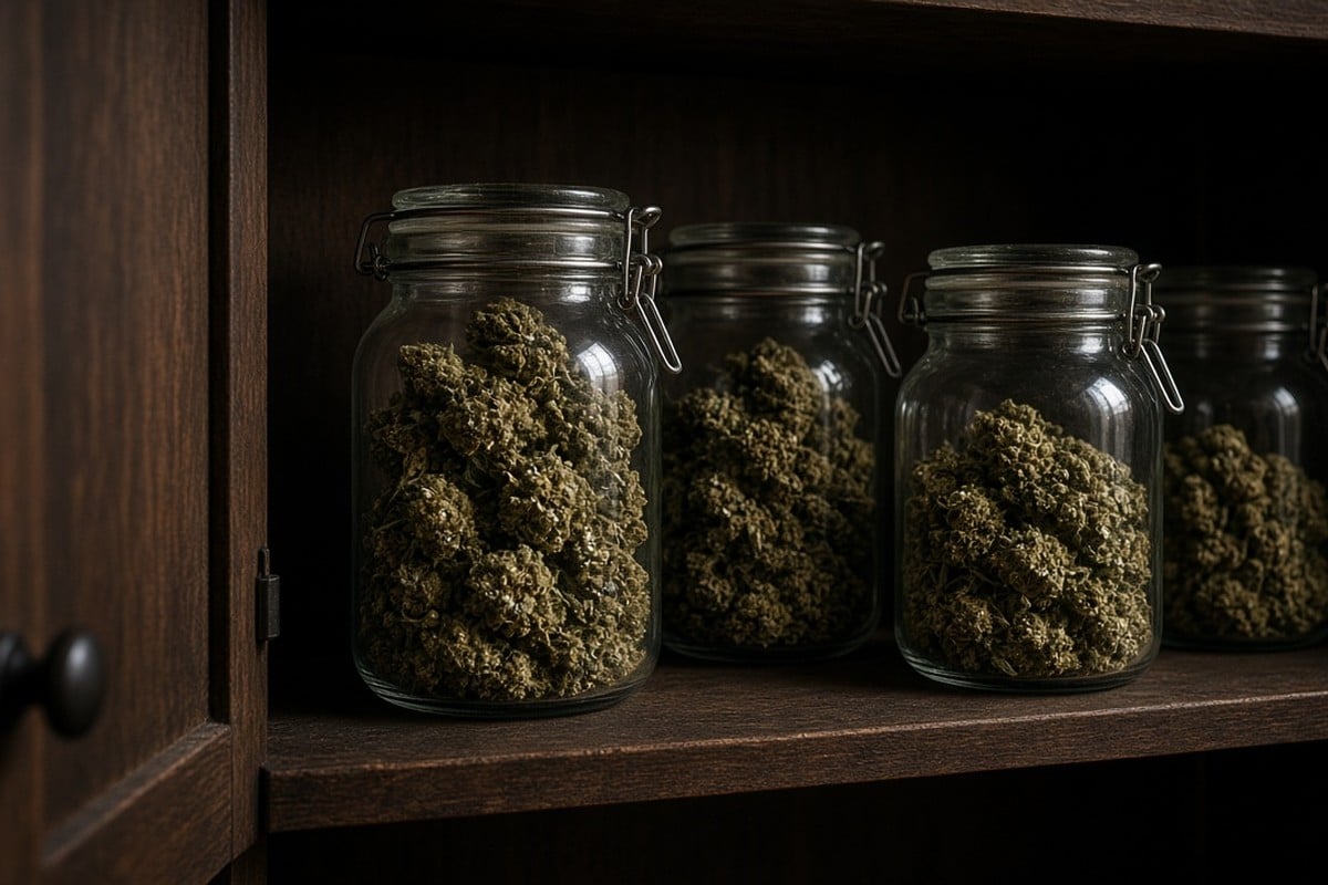 Airtight glass jars stored in a dark cupboard