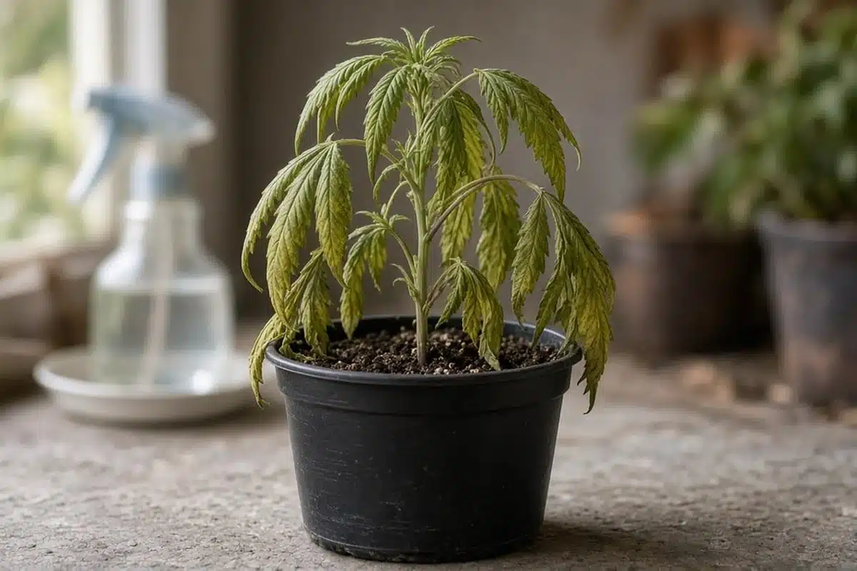Wilted stressed cannabis plant in a pot.