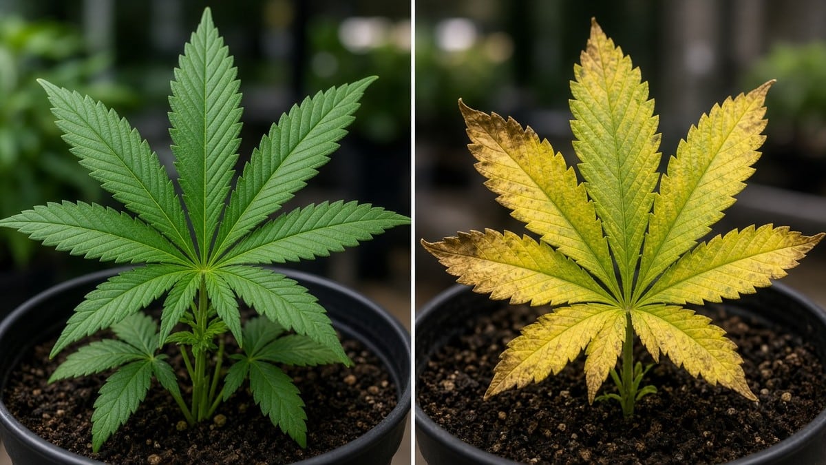 Side-by-side healthy green cannabis plant versus stressed yellowing plant.