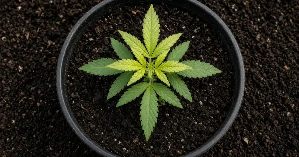Young cannabis plant with zinc deficiency on new leaves
