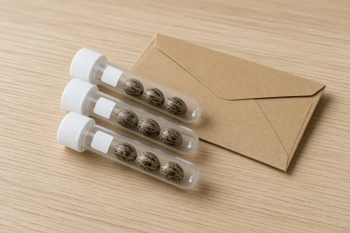 Photo-style illustration of small clear vials of cannabis seeds with white caps and plain labels beside a plain envelope