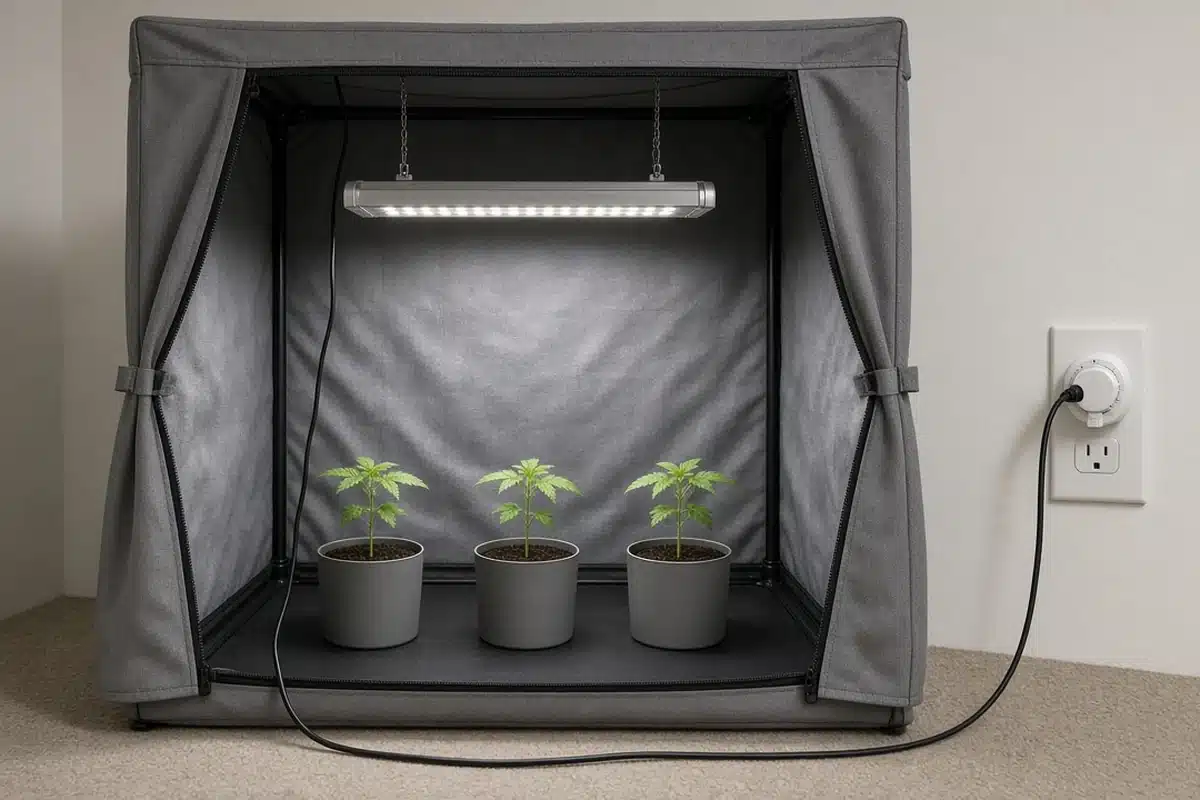 Photo-style illustration of cannabis seedlings in small pots inside a grow tent, with a cord running to a wall timer
