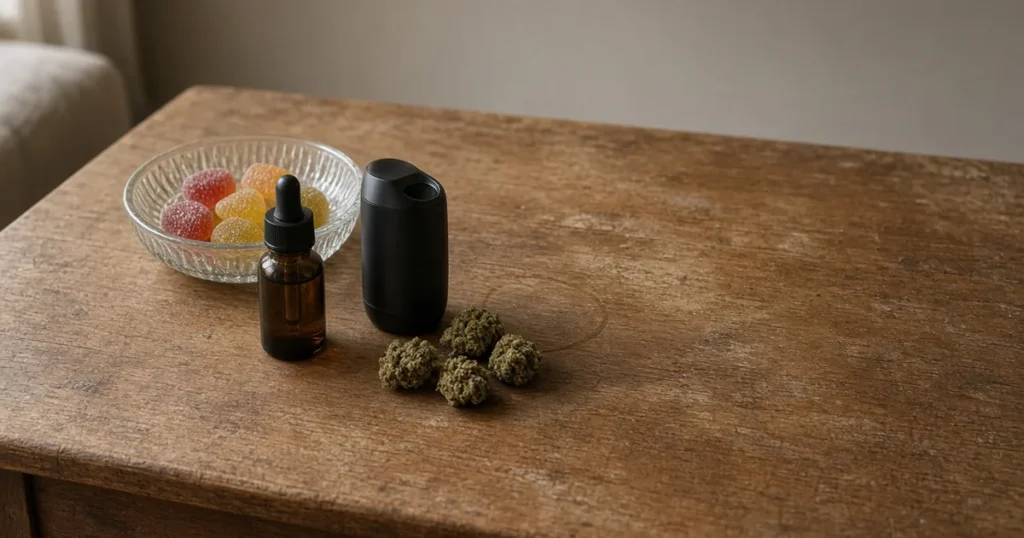 Cannabis edibles, a tincture bottle and a vaporizer on a table